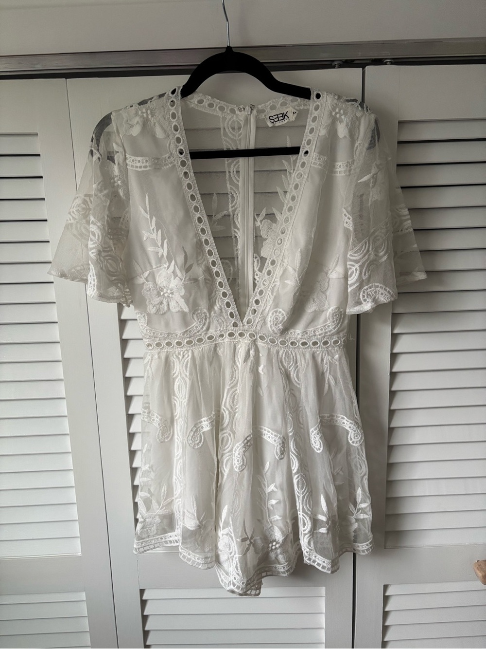 SEEK White Embroidered Lace V-Neck Romper with Flutter Sleeves